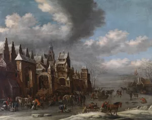 Winterlandschaft mit Eislaufern Oil painting by Thomas Heeremans