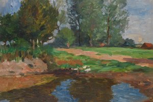 Dorflandschaft mit Enten an einem Weiher by Thomas Herbst Oil Painting