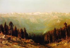 A View of the Hetch Hetchy Valley with Deer in the Foreground and Mount Conness in the Distance by Thomas Hill - Oil Painting Reproduction