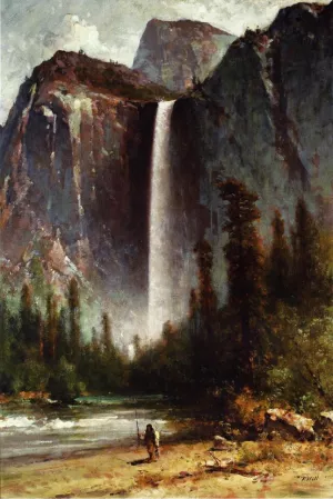 Ahwahneechee - Piute Indian at Bridal Veil Falls, Yosemite by Thomas Hill - Oil Painting Reproduction