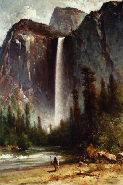 Main Product Photo of Ahwahneechee - Piute Indian at Bridal Veil Falls, Yosemite Painting by Thomas Hill