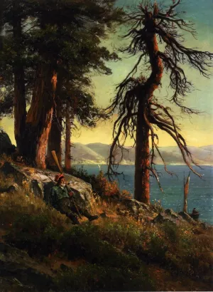 Lake Tahoe also known as A Man with an Oar Sitting on a Bluff by Thomas Hill Oil Painting