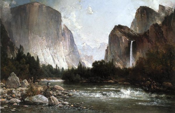 Main Product Photo of Piute Fishing on the Merced River, Yosemite Valley Painting by Thomas Hill