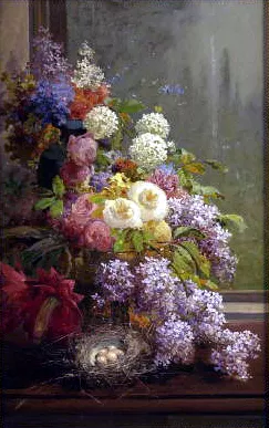 Still Life FLowers and Fruit by Thomas Hill Oil Painting