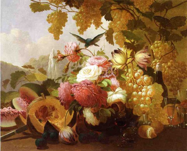 Still Life with Roses and Wine Glasses by Thomas Hill - Hand-Painted Oil Painting Reproduction
