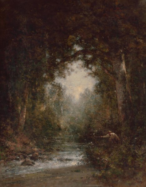Trout Fishing  by Thomas Hill - Hand-Painted Oil Painting Reproduction