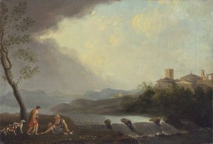 An Imaginary Italianate Landscape with Classical Figures and a Waterfall by Thomas Jones Oil Painting