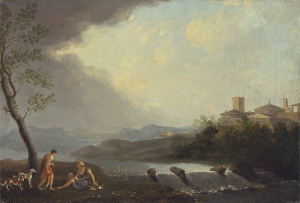 An Imaginary Italianate Landscape with Classical Figures and a Waterfall by Thomas Jones - Hand-Painted Oil Painting Reproduction