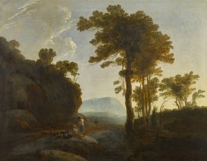 Extensive landscape with a shepherd and shepherdess and their flock by Thomas Jones Oil Painting