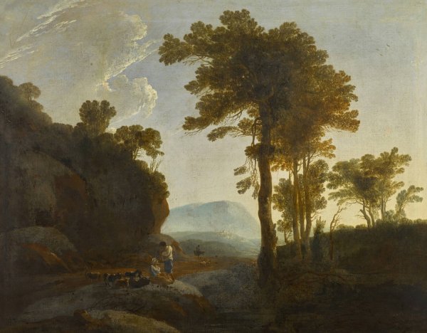 Extensive landscape with a shepherd and shepherdess and their flock by Thomas Jones - Hand-Painted Oil Painting Reproduction