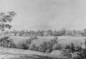 View of David Hosack Estate, Hyde Park, New York, from the East from Hosack Album painting by Thomas Kelah Wharton