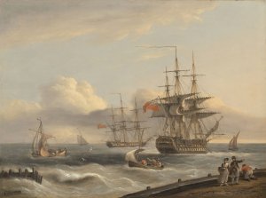 A British '74' unfurling its sails as it prepares to leave the anchorage with a frigate and various coastal craft beyond by Thomas Luny Oil Painting