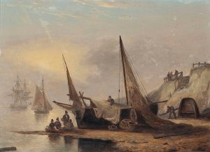 Fishermen Sitting By Their Boat, Low-Tide, Devon by Thomas Luny Oil Painting