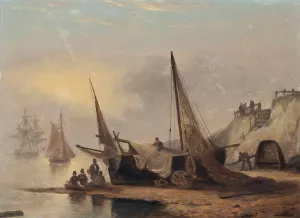 Fishermen Sitting By Their Boat, Low-Tide, Devon by Thomas Luny Oil Painting