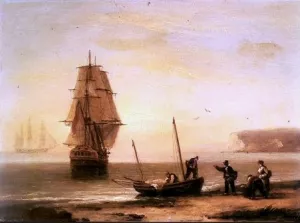 Fishermen Unloading the Catch with a Merchant Ship in Calm Water by Thomas Luny Oil Painting