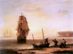 Fishermen Unloading the Catch with a Merchant Ship in Calm Water Oil painting by Thomas Luny