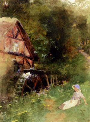 A Young Girl Seated Near A Watermill