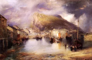 An English Fishing Village, Polperro, Cornwall by Thomas Moran Oil Painting