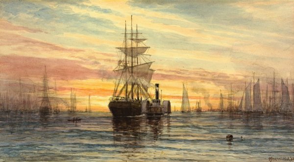 Harbor Scene  by Thomas Moran - Hand-Painted Oil Painting Reproduction