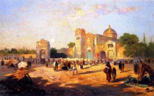 Mexican Plaza, Market Day painting by Thomas Moran