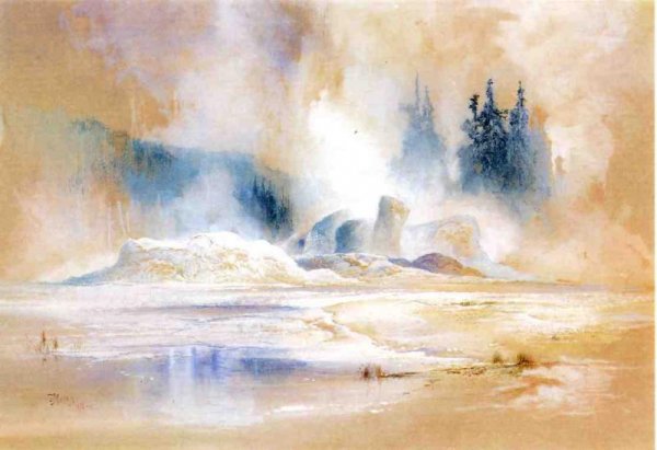 Main Product Photo of The Grotto Geyser, Fire Hole Basin Painting by Thomas Moran