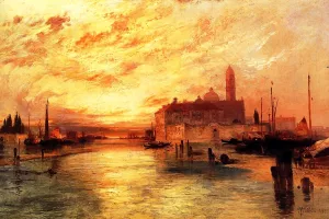 View at Sunset by Thomas Moran - Oil Painting Reproduction