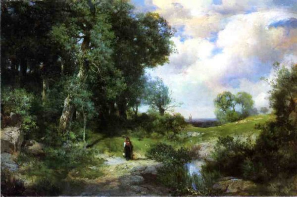 Young Girl in a Long Island Landscape by Thomas Moran - Hand-Painted Oil Painting Reproduction