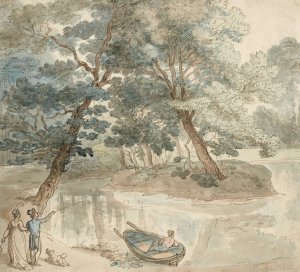 Elegant figures with a dog, by a lake by Thomas Rowlandson Oil Painting