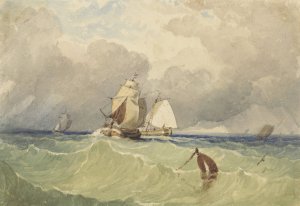 Driemasters en tjalk zeilend in volle zee by Thomas Sewell Robins Oil Painting