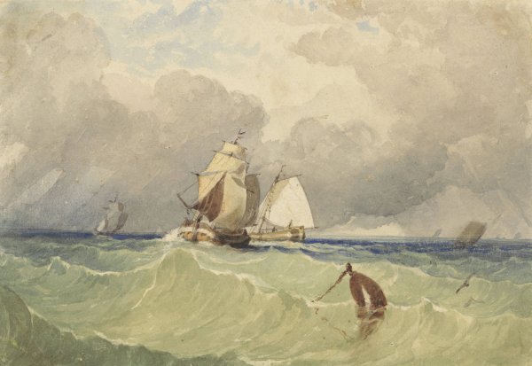 Driemasters en tjalk zeilend in volle zee  by Thomas Sewell Robins - Hand-Painted Oil Painting Reproduction