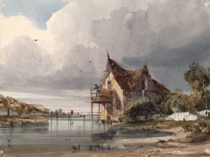 A River and Cottage with White Paling by Thomas Shotter Boys Oil Painting