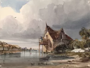 A River and Cottage with White Paling by Thomas Shotter Boys Oil Painting