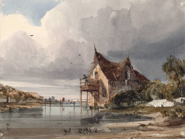 A River and Cottage with White Paling  by Thomas Shotter Boys - Hand-Painted Oil Painting Reproduction