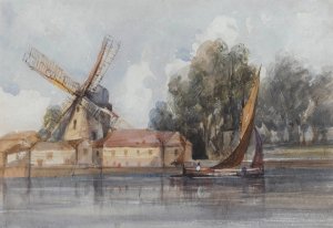 A Wherry Passing A Windmill And Farm Buildings by Thomas Shotter Boys Oil Painting