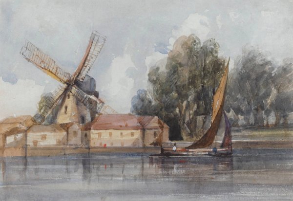 A Wherry Passing A Windmill And Farm Buildings by Thomas Shotter Boys - Hand-Painted Oil Painting Reproduction