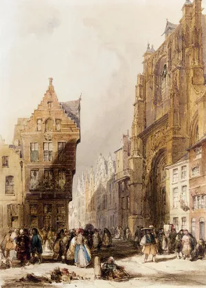 Figures On A Street In A Market Town, Belgium by Thomas Shotter Boys Oil Painting