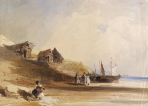 French coastal scene wtih figures, boats and fishing shacks by Thomas Shotter Boys Oil Painting