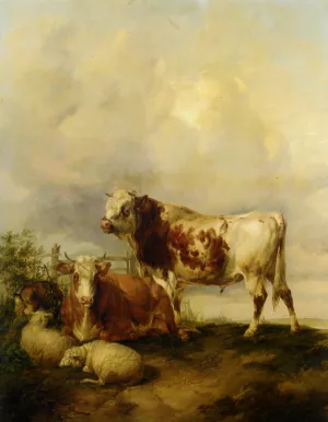 A Bull and Cow with Two Sheep and Goat by Thomas Sidney Cooper - Oil Painting Reproduction