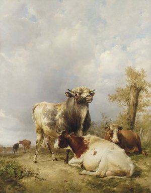 A Bull And Cows In A Landscape by Thomas Sidney Cooper Oil Painting