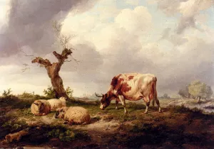A Cow with Sheep in a Landscape by Thomas Sidney Cooper - Oil Painting Reproduction