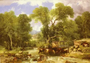 A Wooded Ford by Thomas Sidney Cooper Oil Painting