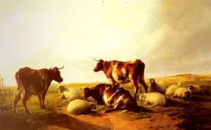 Cattle and Sheep in a Landscape by Thomas Sidney Cooper - Oil Painting Reproduction