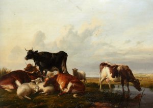 Cattle and Sheep Probably in Canterbury Meadows by Thomas Sidney Cooper Oil Painting