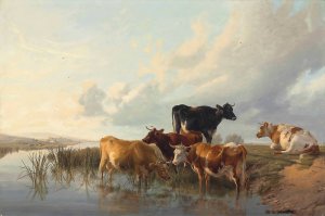 Cattle By A River by Thomas Sidney Cooper Oil Painting