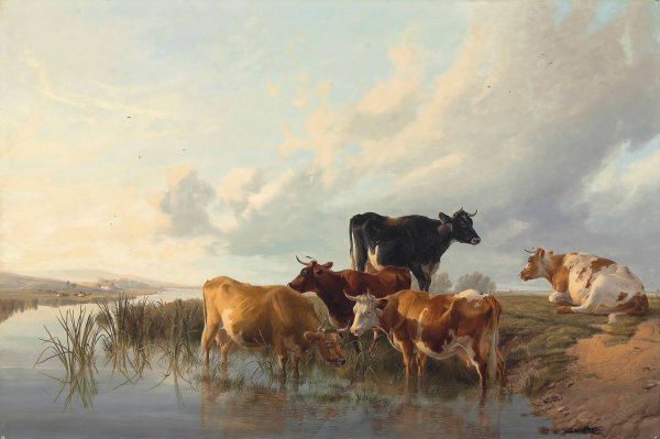 Cattle By A River  by Thomas Sidney Cooper - Hand-Painted Oil Painting Reproduction
