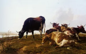 Cattle Resting Beside a River by Thomas Sidney Cooper - Oil Painting Reproduction