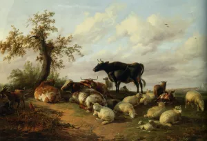 Cattle Sheep and Goats by Thomas Sidney Cooper - Oil Painting Reproduction