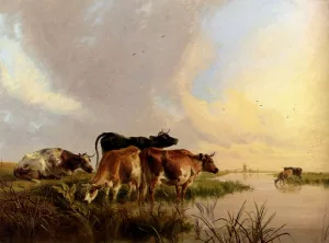 Cattle Watering by Thomas Sidney Cooper - Oil Painting Reproduction