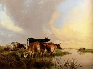 Cattle Watering Oil painting by Thomas Sidney Cooper