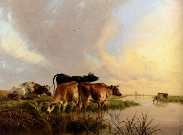 Main Product Photo of Cattle Watering Painting by Thomas Sidney Cooper